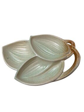 McCoy Pottery Leaf Dish Divided Sections Green Tan 10.5“ long MCM